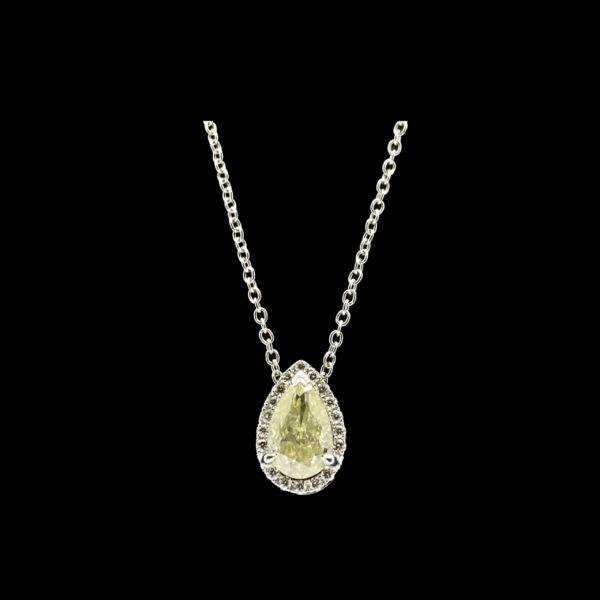 COLLIER-PENDENTIF  SOLITAIRE OR GRIS 18K/PALLADIE ET DIAMANT TAILLE POIRE 1CT. NATURAL FANCY YELLOW LONGUEUR 43CM