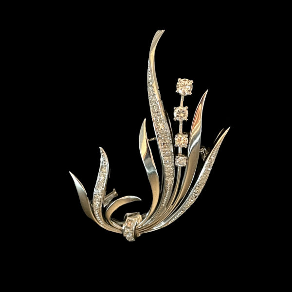 BROCHE RETRO ROSEAUX OR GRIS 18K/750 DIAMANTS – Image 3