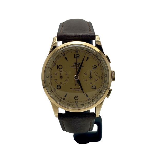 TEVO CHRONOGRAPHE SUISSE ANTIMAGNETIC 17 RUBIS OR JAUNE 18K DE 1950'S 38MM