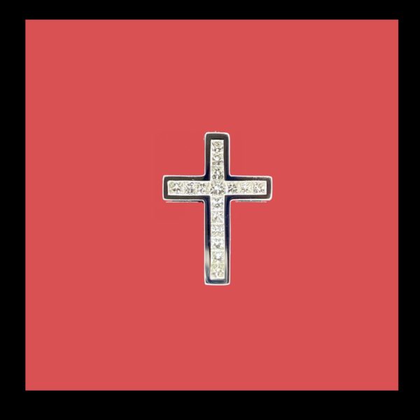 COLLIER-PENDENTIF  CROIX OR GRIS 18K ET DIAMANT TAILLE PRINCESSE 0,33Cts. – Image 6