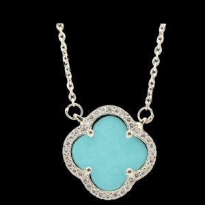 COLLIER-PENDENTIF  TREFLE A QUATRE FEUILLES "LUCKY CHARM" TURQUOISE & ZIRCON ARGENT 925 RHODIE