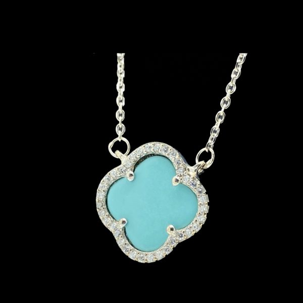 COLLIER-PENDENTIF  TREFLE A QUATRE FEUILLES "LUCKY CHARM" TURQUOISE & ZIRCON ARGENT 925 RHODIE – Image 2