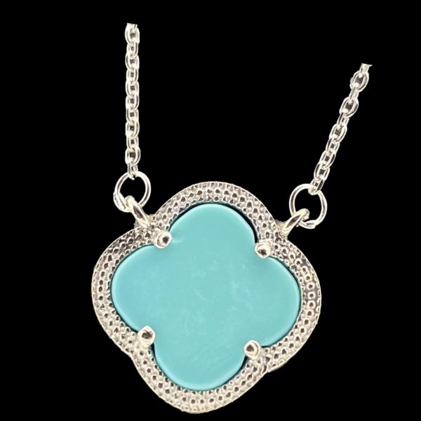 COLLIER-PENDENTIF  TREFLE A QUATRE FEUILLES "LUCKY CHARM" TURQUOISE & ZIRCON ARGENT 925 RHODIE – Image 3