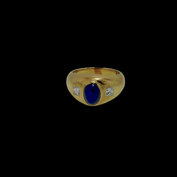 BAGUE CARTIER GIPSY OR JAUNE 18K SERTIE DE 2 DIAMANTS PRINCESS ET D'UN SAPHIR OVALE CABOCHON TAILLE 52 – Image 5