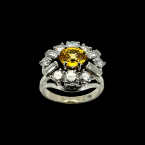 BAGUE OR GRIS 18K SAPHIR JAUNE ET DIAMANTS