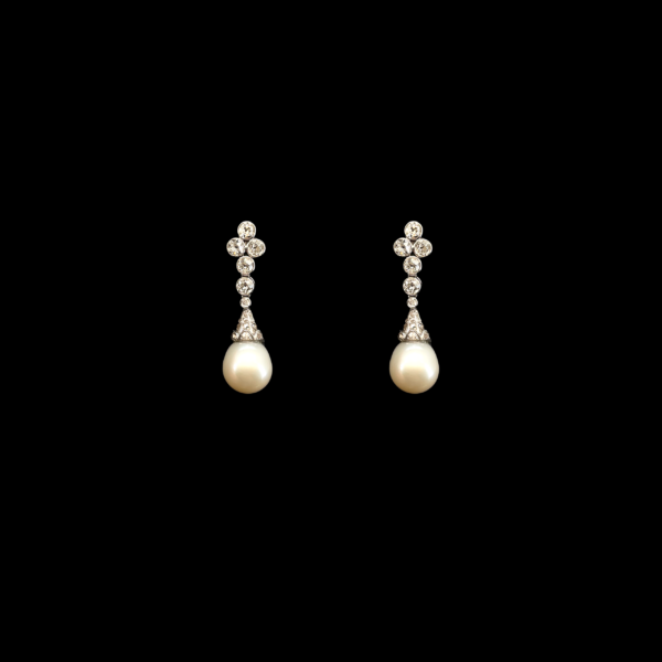 BOUCLES D'OREILLES VINTAGE OR GRIS DIAMANTS ET PERLES