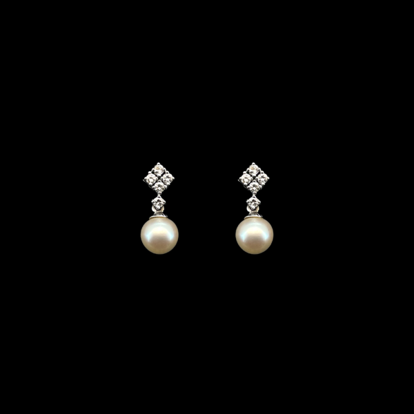 BOUCLES D'OREILLES VINTAGE OR GRIS 750 DIAMANTS ET PERLES