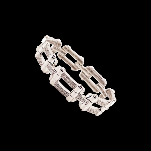 BRACELET PHILIPPE CHARRIOL OR BLANC 750 À MAILLONS ARTICULES PAVES DIAMANTS – Image 4