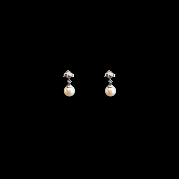 BOUCLES D'OREILLES VINTAGE OR GRIS 750 DIAMANTS ET PERLES – Image 2