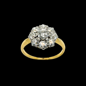 BAGUE VINTAGE FLEUR EN OR JAUNE ET GRIS 750 ET DIAMANTS