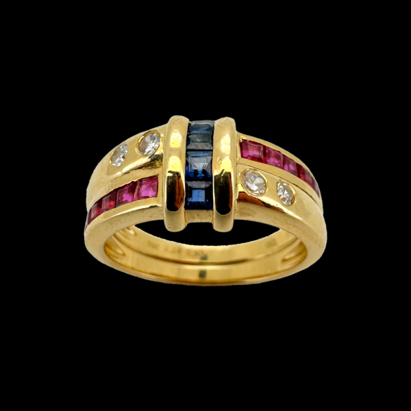 BAGUE EN OR JAUNE 750 DIAMANTS, SAPHIRS ET RUBIS