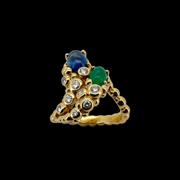 BAGUE GILBERT ALBERT MIMOSA OR JAUNE 750 DIAMANTS SAPHIR ET EMERAUD