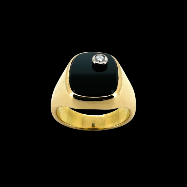 BAGUE CHEVALIÈRE OR JAUNE 750 DIAMANT ET ONYX