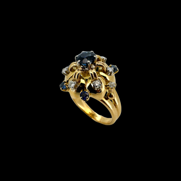 BAGUE VINTAGE OR JAUNE 750 SAPHIRS ET DIAMANTS – Image 3