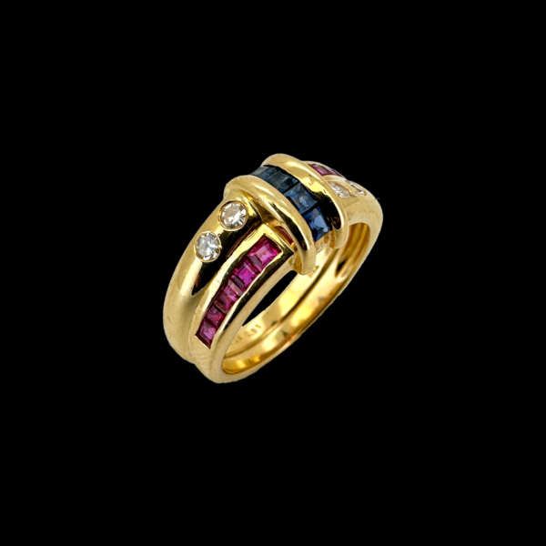 BAGUE EN OR JAUNE 750 DIAMANTS, SAPHIRS ET RUBIS – Image 3