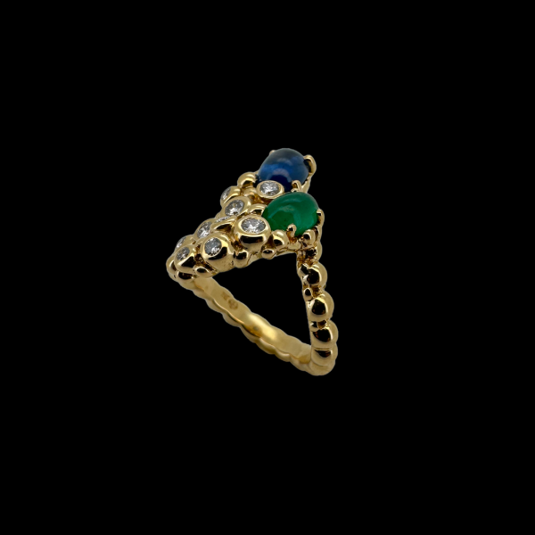 BAGUE GILBERT ALBERT MIMOSA OR JAUNE 750 DIAMANTS SAPHIR ET EMERAUD – Image 3