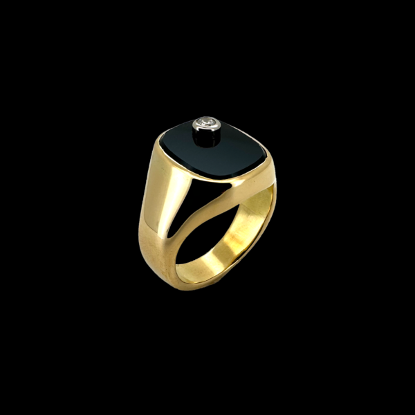 BAGUE CHEVALIÈRE OR JAUNE 750 DIAMANT ET ONYX – Image 2