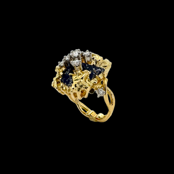 BAGUE VINTAGE EN OR JAUNE 750 DIAMANTS ET LAPIS LAZULI – Image 4
