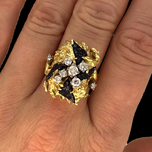 BAGUE VINTAGE EN OR JAUNE 750 DIAMANTS ET LAPIS LAZULI – Image 3