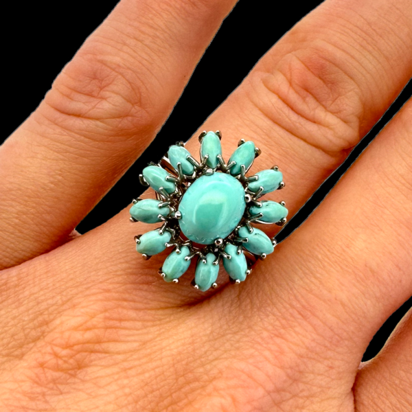 BAGUE FLEURE EN ARGENT 925 RODIÉ ET TURQUOISE – Image 4