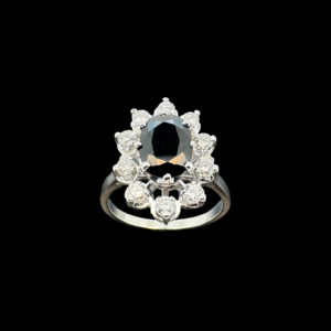 BAGUE OR GRIS 750 UN SAPHIR CENTRAL DIAMANTS