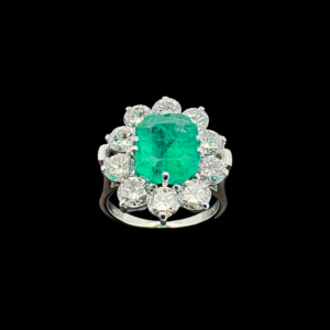 BAGUE FLEURE OR GRIS 750 ÉMERAUDE DIAMANTS