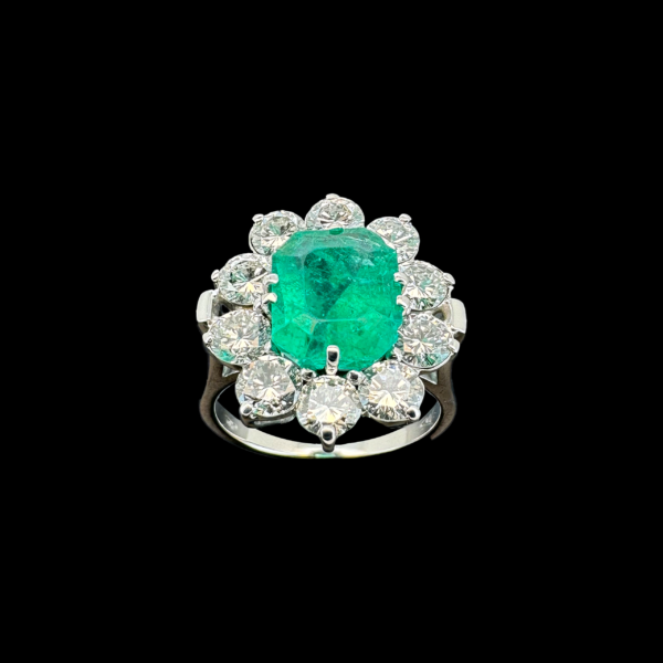 BAGUE FLEURE OR GRIS 750 ÉMERAUDE DIAMANTS