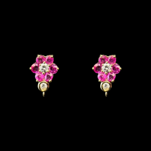 BOUCLES D'OREILLES FLEURS EN OR JAUNE 750 RUBIS DIAMANTS