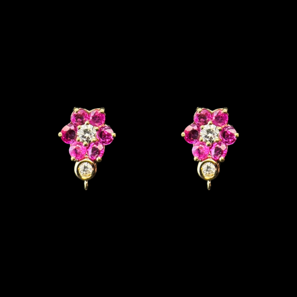 BOUCLES D'OREILLES FLEURS EN OR JAUNE 750 RUBIS DIAMANTS