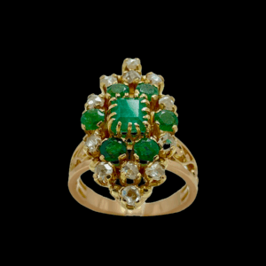 BAGUE EN OR JAUNE 750 VINTAGE DIAMANTS ÉMERAUDES