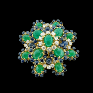 BROCHE VINTAGE OR JAUNE 750 SAPHIRS ÉMERAUDES DIAMANTS