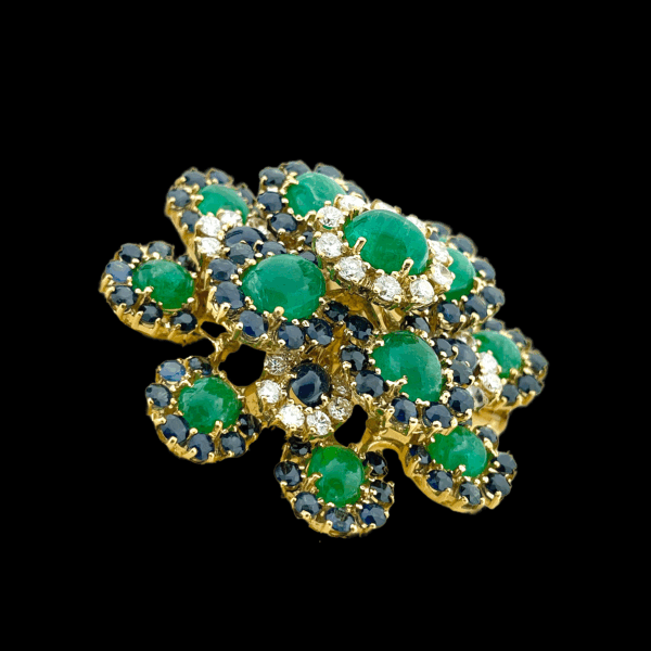 BROCHE VINTAGE OR JAUNE 750 SAPHIRS ÉMERAUDES DIAMANTS – Image 2