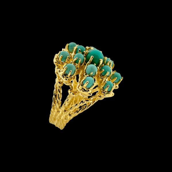 BAGUE VINTAGE OR JAUNE 750 SERTIE DE TURQUOISES – Image 2
