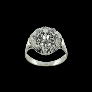 BAGUE SOLITAIRE FLEUR VINTAGE OR GRIS 750 ZIRCONS