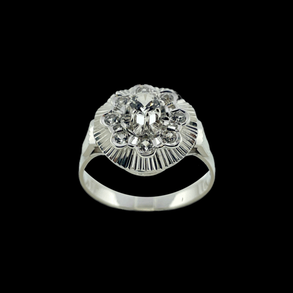 BAGUE SOLITAIRE FLEUR VINTAGE OR GRIS 750 ZIRCONS