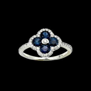 BAGUE TRÈFLE OR GRIS 750 DIAMANTS ET SAPHIRS